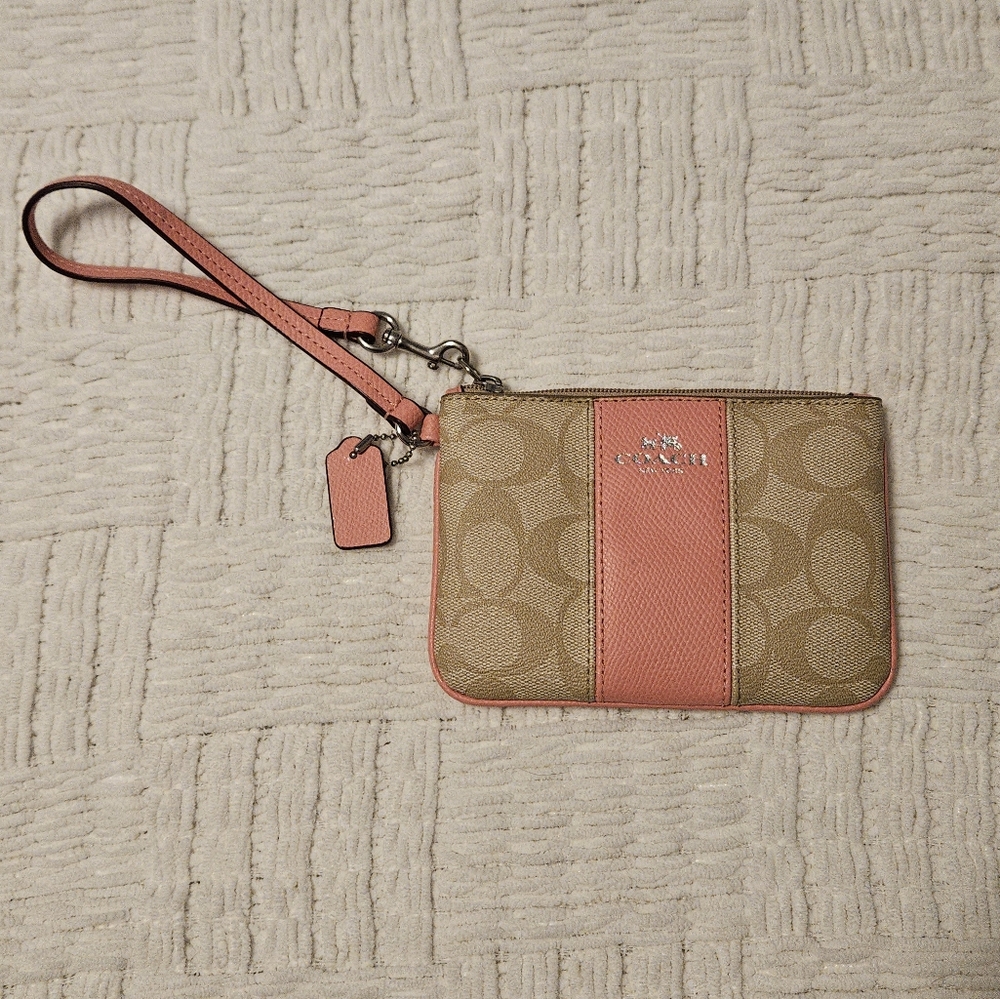 Coach Khaki Signature Canvas Wristlet with Pink Trim